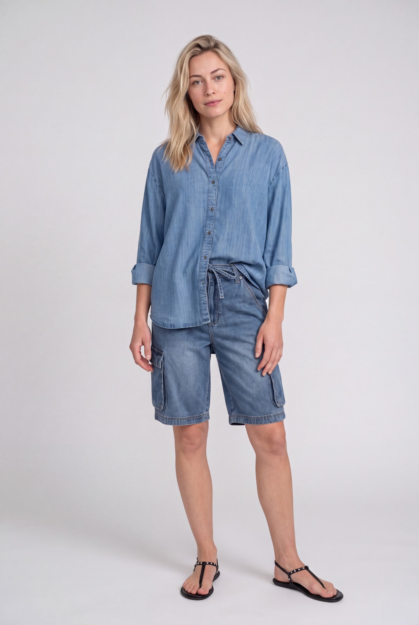 On-model denim outfit generated by VIBE AI Studio