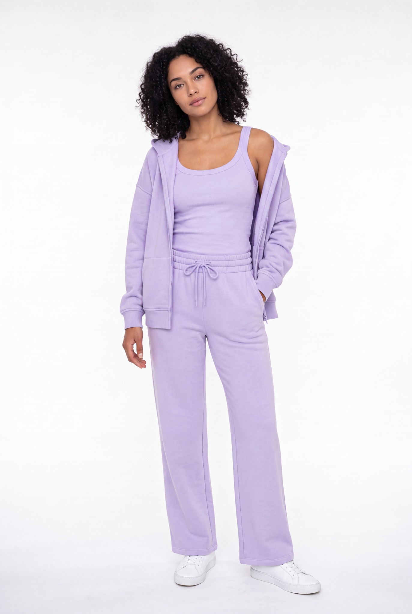 On-model lilac outfit generated by VIBE AI Studio
